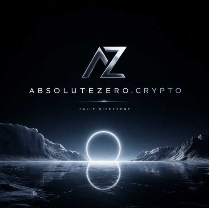 A dark, stylized logo screen for 'ABSOLUTEZERO.CRYPTO' with the tagline 'BUILT DIFFERENT.' displayed above a glowing circular portal over a reflective icy landscape with mountains.