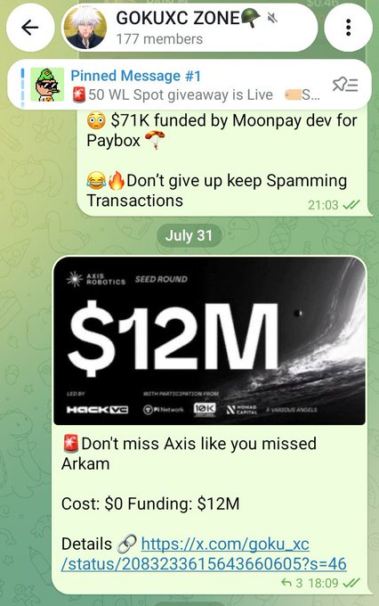 A Telegram-style screenshot for “GOKUXC ZONE” shows a pinned message and a post advertising “$12M” funding, including the link “https://x.com/goku_xc/status/20832336156436606052?s=46.”
