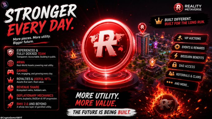 A promotional banner for "REALITY METAVERSE" featuring a large glowing red R coin, with text "STRONGER EVERY DAY" and listings of features including VIP auctions, events, Bizdearn benefits, DAO access, and referrals.