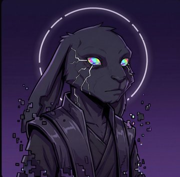 Digital artwork of a dark anthropomorphic rabbit-like figure with glowing rainbow eyes, a halo above its head, and pixelated disintegration effects around its body.
