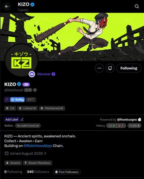 A screenshot of a Twitter/X profile for 'KIZO' (@KizoOnSOL), showing a banner with a character holding a bat, with the bio describing them as building on 'RobinhooodApp Chain'.