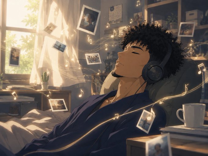 An anime-style illustration of a curly-haired person wearing headphones, eyes closed, listening to music in a sunlit room with floating musical notes and framed photographs.