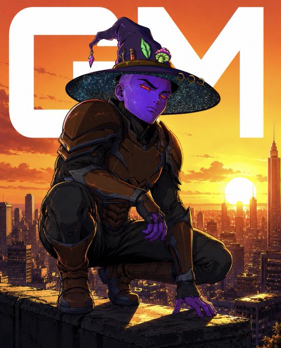 An anime-style illustration features a purple-skinned character in a witch hat and dark armor crouching on a rooftop overlooking a city skyline at sunset, with 'GM' displayed prominently in white letters.