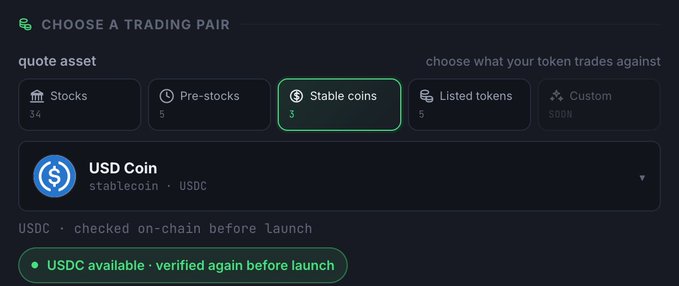 The image shows a "CHOOSE A TRADING PAIR" interface with options for quote assets, including 34 Stocks, 5 Pre-stocks, 3 Stable coins, 5 Listed tokens, and a "Custom" option marked "SOON." USD Coin (stablecoin - USDC) is selected, with a note that "USDC available - verified again before launch." This visually represents DripDrop's expanding paired launch options, aligning with the post's announcement about adding more trading pair choices like Sunrise tokens.