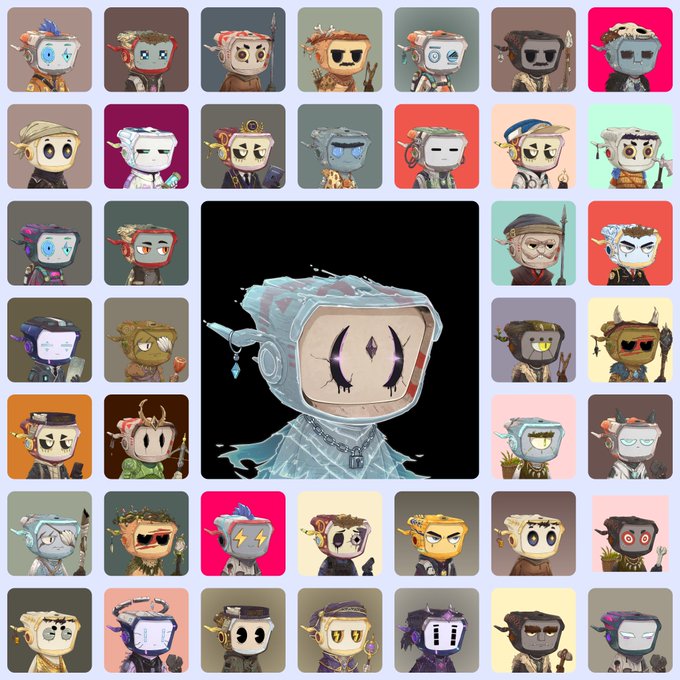 A collection of NFT-style cartoon character avatars arranged in a grid, featuring stylized figures with TV or monitor heads on colorful backgrounds, with one larger character highlighted in the center.