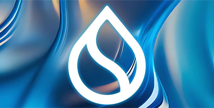The Sui blockchain logo, a stylized white water drop with a curved line through it, displayed against a glossy blue abstract background.