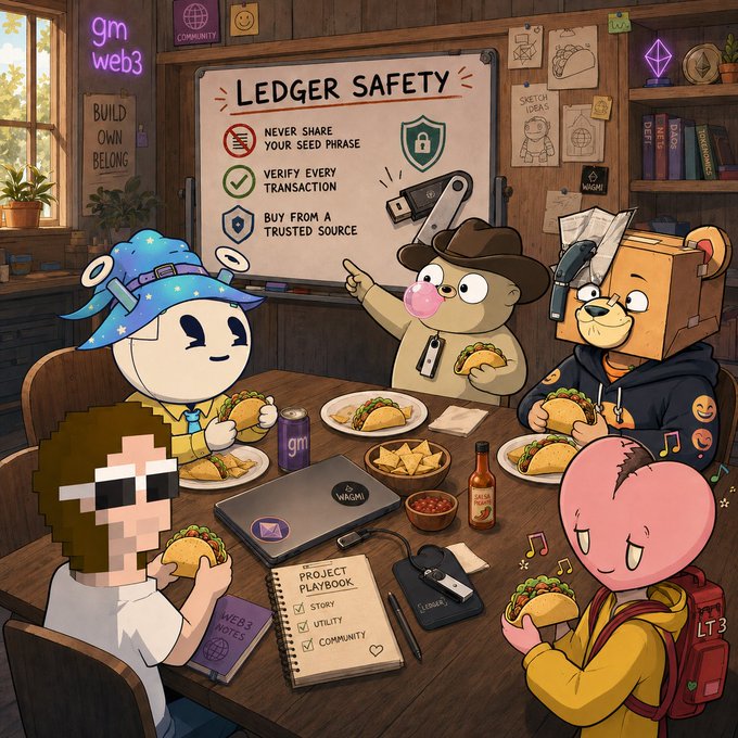 A detailed cartoon illustration shows various NFT/crypto characters gathered around a table eating tacos, with a whiteboard titled "LEDGER SAFETY" listing rules like "NEVER SHARE YOUR SEED PHRASE" and "VERIFY EVERY TRANSACTION".