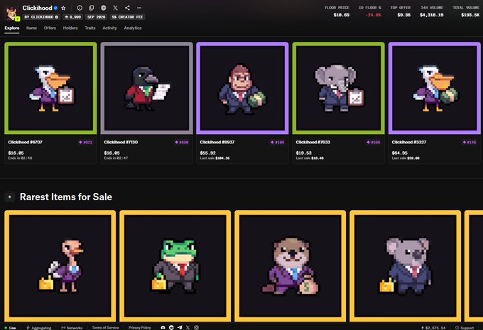 A NFT marketplace called 'ClickNhood' displays pixel-art penguin, gorilla, and elephant characters for sale, with prices like $15.85, $16.05, and $55.97, plus a 'Rarest Items for Sale' section featuring various animal characters.