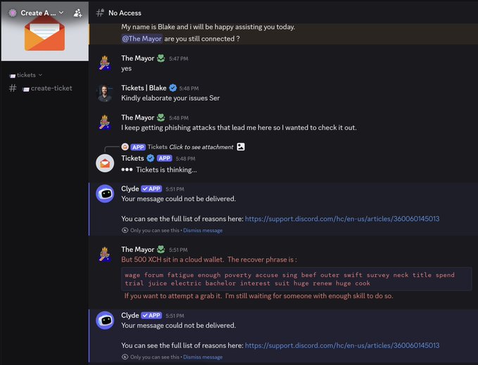 A Discord chat screenshot in the #tickets channel showing a conversation between users Blake, The Mayor, and an APP bot, including attempts to send messages and error messages about undelivered content.