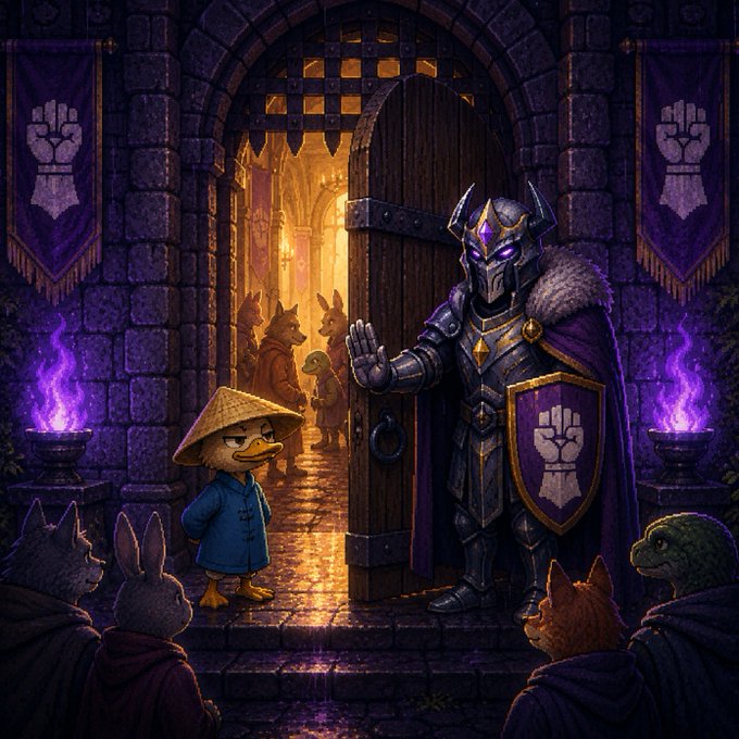 Fantasy artwork of an armored knight with a horned helmet holding a door open to greet a duck wearing a traditional conical hat and blue robe, with anthropomorphic animal onlookers in a castle setting.