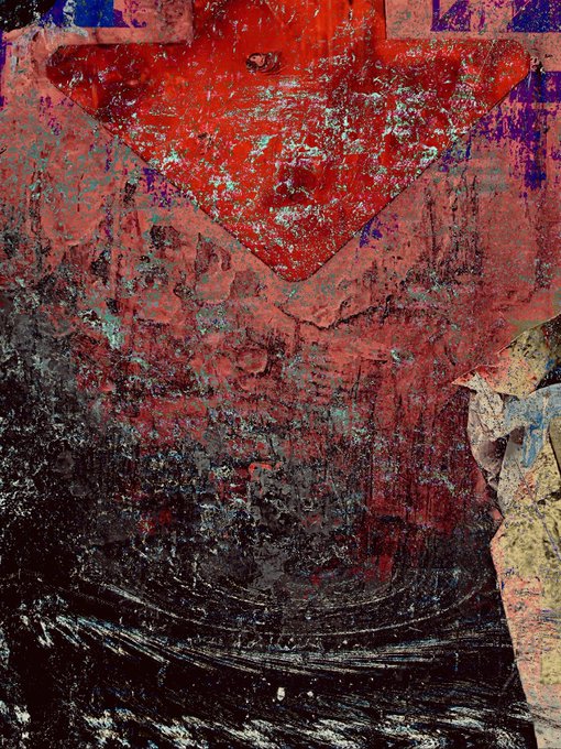A heavily textured, abstract mixed-media artwork featuring distressed red, black, and teal colors with a V-shaped neckline-like form at the top and torn paper elements on the right.