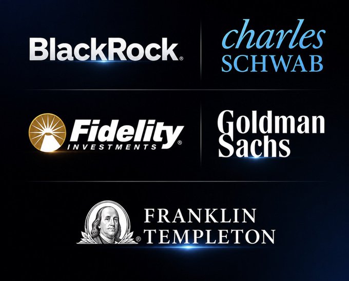 A black background displays logos for major financial institutions: BlackRock, Charles Schwab, Fidelity Investments, Goldman Sachs, and Franklin Templeton.