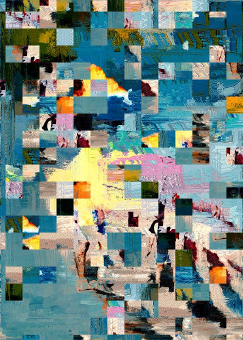 An abstract artwork composed of a grid of colorful, textured squares in shades of blue, yellow, pink, and green creates a pixelated, glitch-like image.