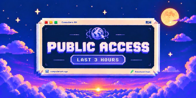 A pixel-art styled graphic announces "PUBLIC ACCESS LAST 3 HOURS" in large blocky text, featuring a globe icon and branding for "Computers RH" by Rokhood Chain against a vibrant night sky with clouds and a full moon. The advertisement promotes the game's public launch at 4 PM UTC, highlighting key metrics like 3,600+ players, $225K+ spent, and 44.4M $CRH burned, directing viewers to computersrh.xyz/play.