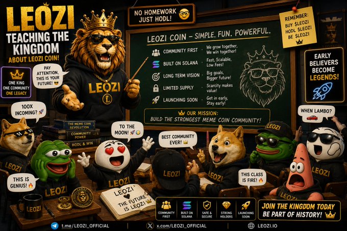 A promotional meme-style graphic titled 'LEOZI - TEACHING THE KINGDOM' featuring a lion wearing a crown and 'LEOZI' hoodie teaching a classroom of meme characters including a Doge and Pepe, with text like 'LEOZI COIN - SIMPLE. FUN. POWERFUL.' and 'BUILD THE STRONGEST MEME COIN COMMUNITY!'.