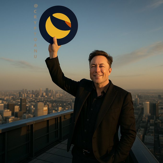 A photo of Elon Musk in a black suit standing on a rooftop overlooking a city skyline at sunset, smiling and holding up a circular logo featuring a yellow crescent moon design with the handle @CRYPTOANU visible.