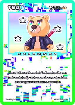 The image shows a pixel-art style NFT card titled "TEDI" labeled as "UNCOMMON" with the number "1927" at the top, featuring a teddy bear character wearing a leather jacket and holding a spiked bat against a starry background. It is presented as the "Chimpers Card of the Day" with a glitchy green and purple aesthetic, tying into the post's Day 179 mission to collect a Chimpers card daily.