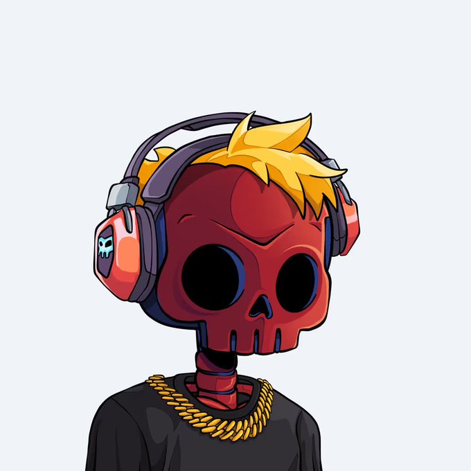 The image depicts a cartoon depiction of a skull wearing headphones that says "Gorgez Giveaway!". The skull is described as a "young man" or a "giant" figure, with the surrounding text identifying him as a "post" by a specific artist, "@DedGorgez", and providing some rules for participating in the giveaway. A post-winners badge is given out, along with an opportunity to win $50 if one follows the specified artist or trait that corresponds to their participation in the giveaway. The image has a predominantly white background but includes different shades of gray in the surrounding areas, further enhancing the visual contrast and impact of the skull's headphones.
