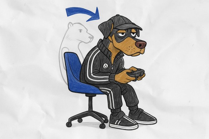 A hand-drawn illustration on crumpled paper shows a tired-looking brown dog in a black tracksuit and cap sitting on a blue office chair playing video games, with a faded bear outline and blue arrow behind it.
