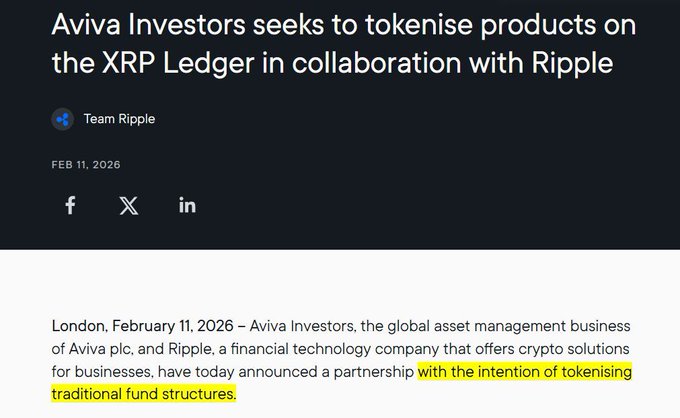 An article titled 'Aviva Investors seeks to tokenise products on the XRP Ledger in collaboration with Ripple' dated February 11, 2026, with a highlighted section reading 'with the intention of tokenising traditional fund structures.'