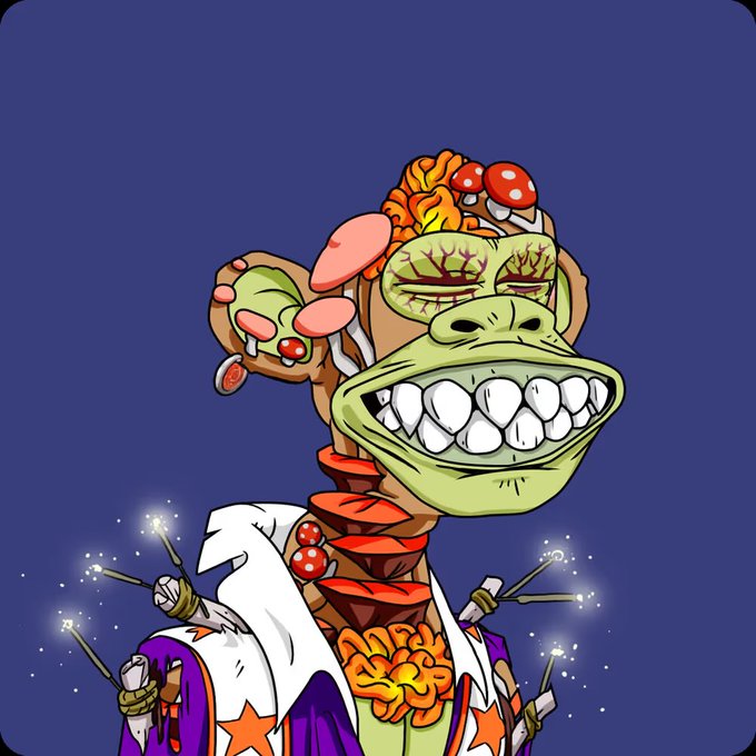 A cartoon illustration of a grotesque green-skinned character with bulging bloodshot eyes and a wide toothy grin, wearing a white robe with star patterns, with mushrooms and fleshy growths emerging from its head.
