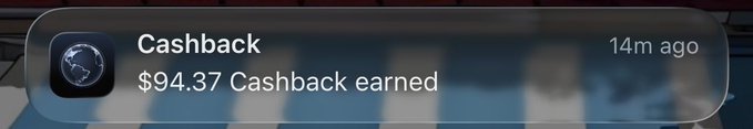 A notification notification displays "Cashback: $94.37 Cashback earned" received 14 minutes ago, with a globe icon next to it. The image aligns with the post's claim about earning Ethena cashback and yield toward an iPhone 18 purchase.