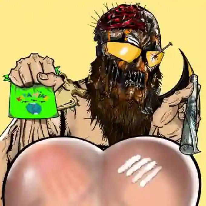 A surreal illustration of a bearded, skeletal figure wearing yellow glasses and holding a green container, with a visible brain on top of its head.