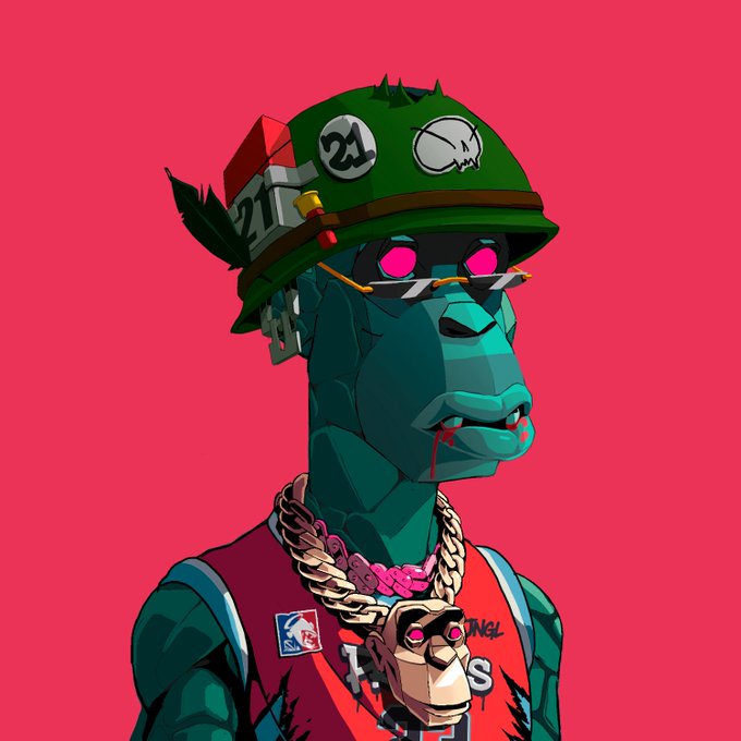 A stylized cartoon portrait of a green-skinned zombie-like ape character wearing a military helmet marked with "21," bloodshot red eyes, and a gold chain with an ape pendant, set against a vibrant pink background. The "21" on the helmet ties into the post's reference to reaching "4 years in the JNGL," celebrating the longevity of the Primates NFT community while showcasing the character as a coveted "grail" collectible.