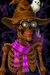 An illustration of a skeleton wearing a purple scarf, round goggles, and a pointed hat with a small white owl perched on top, set against a purple background with a pattern.