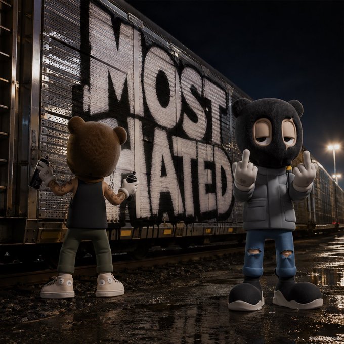Two designer toy figures wearing bear masks stand in front of a train car spray-painted with the graffiti "MOST HATED," with one figure giving the middle finger.