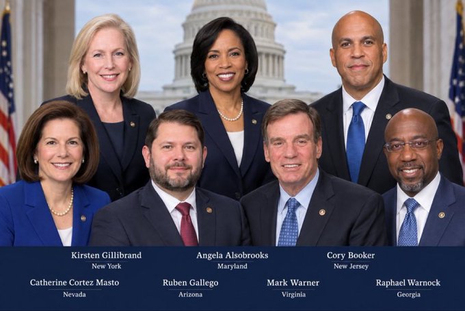 An official group portrait of seven U.S. Democratic senators including Kirsten Gillibrand (New York), Catherine Cortez Masto (Nevada), Angela Alsobrooks (Maryland), Ruben Gallego (Arizona), Mark Warner (Virginia), Cory Booker (New Jersey), and Raphael Warnock (Georgia), posed in front of the U.S. Capitol.