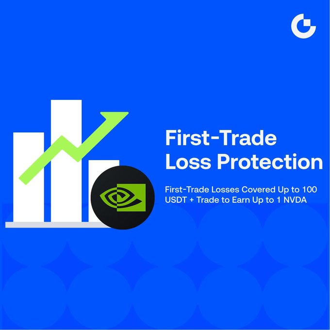 A blue promotional graphic featuring white bar chart bars and a green upward arrow alongside a black NVIDIA logo, advertising "First-Trade Loss Protection" with the offer covering first-trade losses up to 100 USDT and a chance to earn up to 1 NVDA, visually representing the stock-trading bonus promotion.