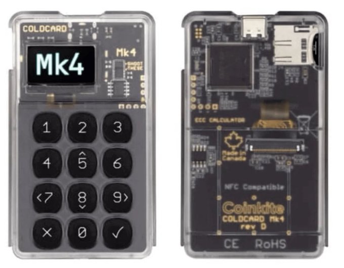 Front and back views of a Coinkite COLDCARD Mk4 hardware wallet, showing its numeric keypad, OLED screen displaying "Mk4," microSD slot, and NFC compatibility labeling. The image relates to the post by illustrating the physical device the author critiques, highlighting that even dedicated hardware wallets marketed as secure and decentralized solutions don't necessarily eliminate the security concerns users face.