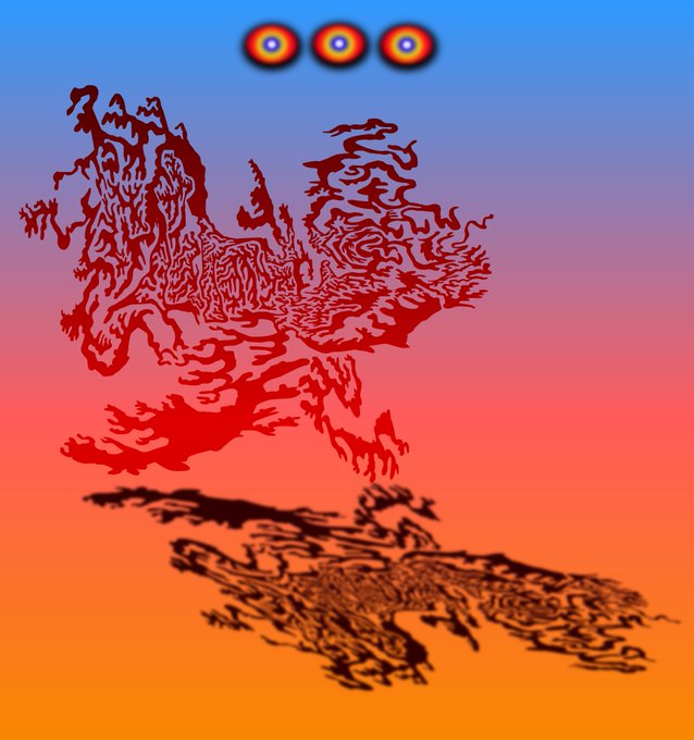 A graphic illustration of a dark red, distorted figure with wavy edges floating above its reflection, set against a gradient blue-to-orange background with three circular symbols at the top.