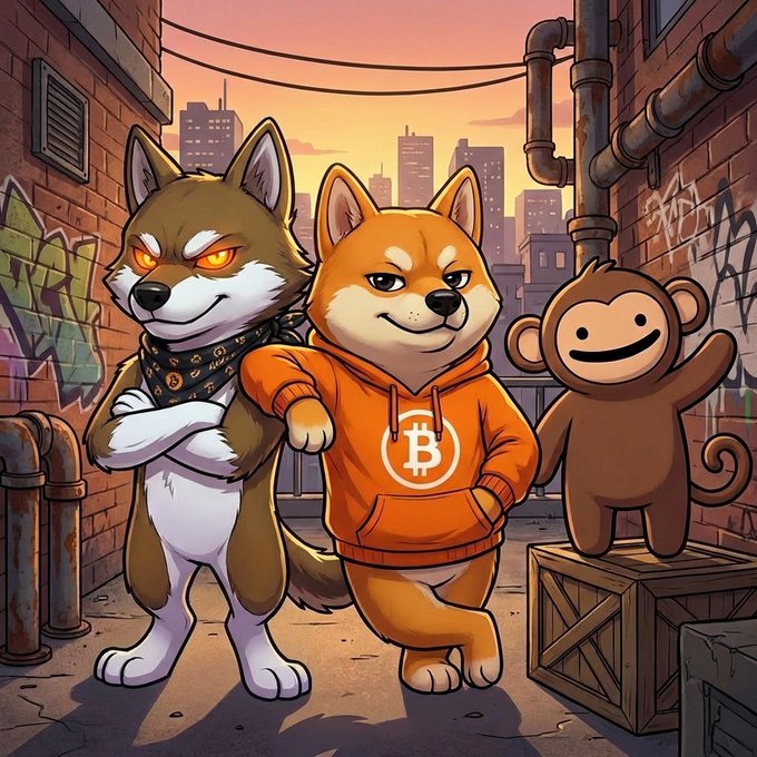 The image features three cartoon dogs standing together, each wearing a hoodie that says "B". The first dog has a brown fur coat, the second dog has an orange fur coat, and the third dog has a white fur coat. They are all posing for the camera in front of a brick wall with graffiti on it. The caption above the image reads: "It's kind of tiring seeing Runes around for 2 years now with legit communities still grinding every day and yet the market feels completely asleep."