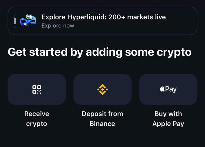A mobile app screen titled 'Get started by adding some crypto' showing three options: 'Receive crypto', 'Deposit from Binance', and 'Buy with Apple Pay', along with an ad for Hyperliquid.