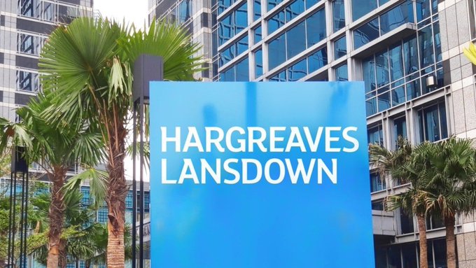 The blue sign displays "HARGREAVES LANSDOWN" in white text in front of a modern glass office building flanked by palm trees, representing the UK investment platform that recently began offering crypto ETNs to its 2 million clients.