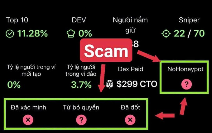 A black interface with various crypto/DeFi metrics (Top 10: 11.28%, DEV: 0%) and a red 'Scam' label with red arrows pointing to 'NoHoneypot', 'Đã đốt' (Burned), and other Vietnamese-labeled fields highlighted in green boxes.