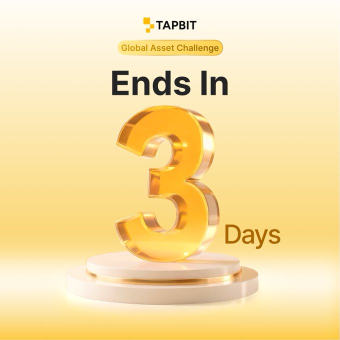 A promotional graphic for 'TAPBIT Global Asset Challenge' displaying 'Ends In 3 Days' with a large golden 3D numeral on a yellow background.