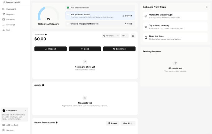 A screenshot of the Trezu treasury dashboard interface, showing a 'Set up your treasury' section, a $0.00 Total Balance, and options to Deposit, Send, or Exchange.
