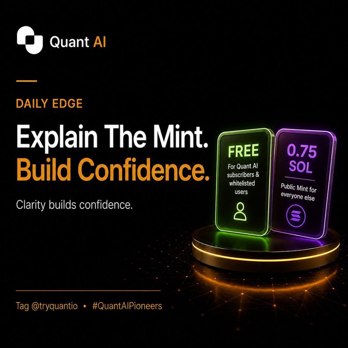 A Quant AI promotional graphic on a black background features the tagline "Explain The Mint. Build Confidence." alongside two glowing neon cards on a circular platform: a green "FREE" card for Quant AI subscribers & whitelisted users, and a purple "0.75 SOL" card for the public mint, tagged with @tryquantio and #QuantAIPioneers to promote early-access NFT minting rewards.
