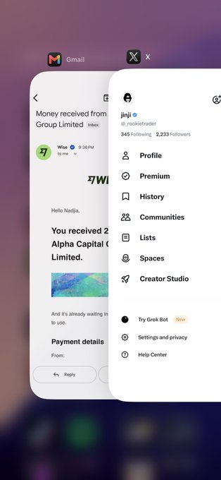 A smartphone screen displaying a Gmail inbox with a 'Money received from Group Limited' email, overlaid with an X (Twitter) menu showing the profile 'jinji' (@_rockjietrader) with 345 following and 2,233 followers.