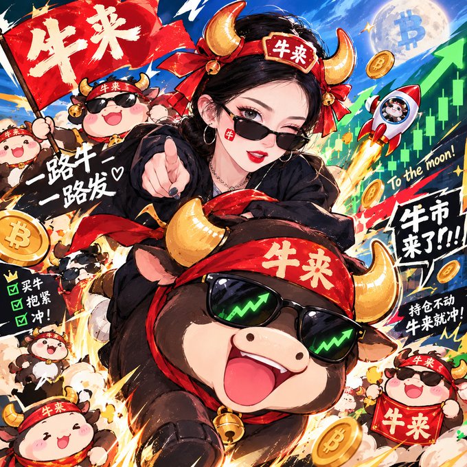 A vibrant anime-style illustration featuring a woman with sunglasses and a horned headband riding a bull, surrounded by Chinese characters '牛来' (bull comes) and Bitcoin/crypto imagery with the text 'To the moon!' and '一路牛, 一路发'.