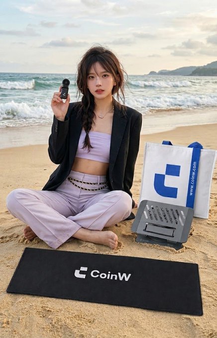 A young woman with braided hair sits on a beach holding a small black camera, dressed in a black blazer and lavender outfit, with a CoinW branded shopping bag, mat, and equipment beside her.