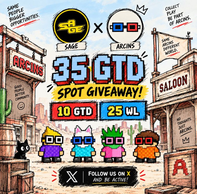 A Wild West–themed promo for the **ARCINS × SAGEWEB3** giveaway, featuring pixel characters and the message **“35 GTD Spot Giveaway!”** with **10 GTD spots** and **25 WL spots**. The image also highlights **ARCINS**, its **10,000-supply** collection on **Arc Mainnet**, and a call to follow on X.