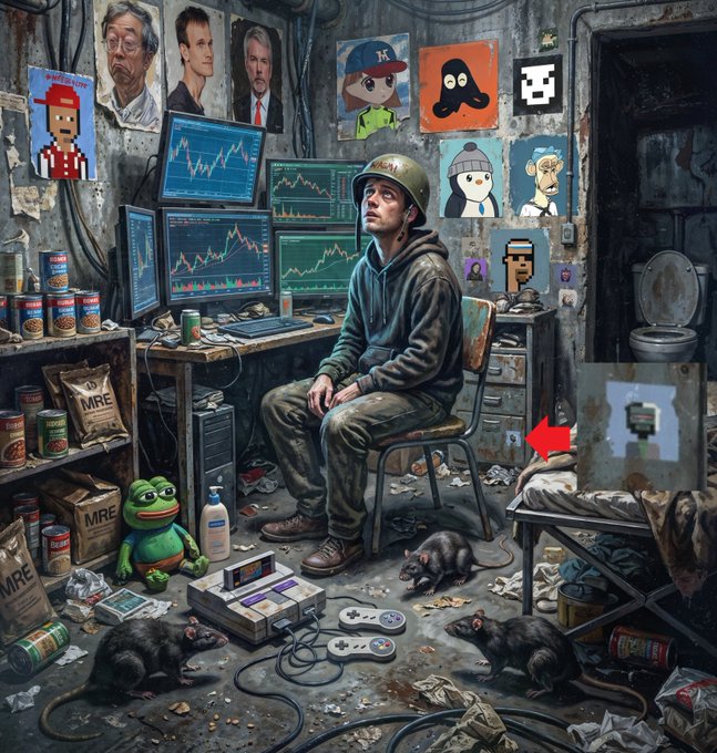 An illustrated scene of a man in a helmet sitting in a cluttered room with multiple monitors displaying financial charts, surrounded by rats, cans, and various pop culture posters. A red arrow points to a small object on a cot.