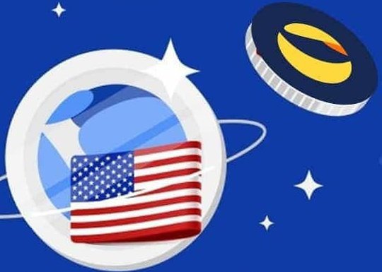 An illustration featuring a stylized American flag inside an astronaut's helmet alongside a coin with a yellow emblem, set against a starry space background. The space and American flag imagery symbolizes the post's theme of forward-looking progress and innovation, encouraging the Terra Luna Classic ($LUNC) community to prioritize the dev team's next developments such as burns, utility, USTC repeg, adoption, or ecosystem growth.