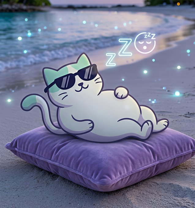 An illustration of a white cat wearing sunglasses, sleeping on a purple pillow on a beach at dusk with glowing blue sparkles and 'Zzz' symbols floating above.