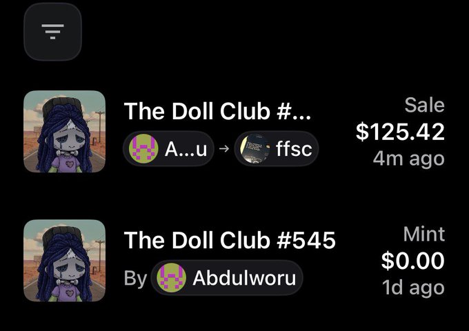 An NFT marketplace interface showing a recent sale of 'The Doll Club' for $125.42 (4m ago) and the mint of 'The Doll Club #545' by Abdulworu for $0.00 (1d ago).