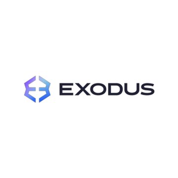 The image displays the Exodus logo, featuring a blue and purple hexagonal icon alongside the brand name "EXODUS" in bold black text. This logo corresponds to $EXOD, the cryptocurrency wallet company mentioned in the accompanying post, whose shares fell approximately 6% following its second-quarter earnings report showing an $18.6 million net loss.